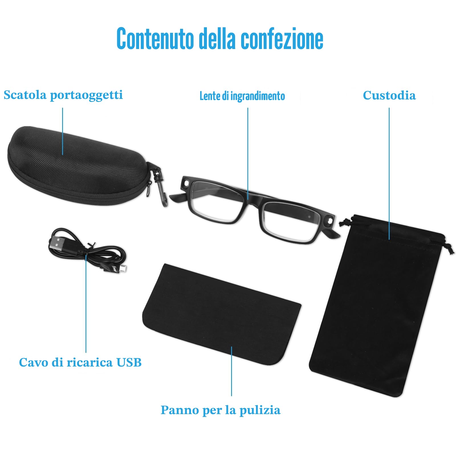 Occhiali di Ingrandimento con Luce LED Ricaricabili USB 300% a Mani Libere per Lettura Hobby