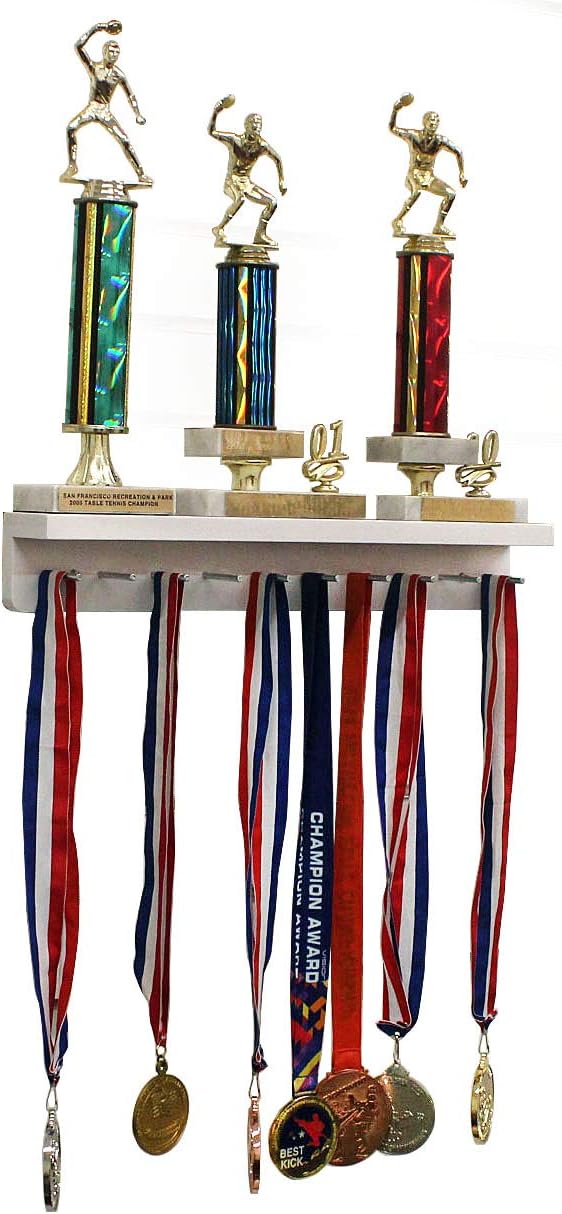 Medal Display Rack Hanger and Trophy Award Shelf Wall Mount with Peg Board (White)