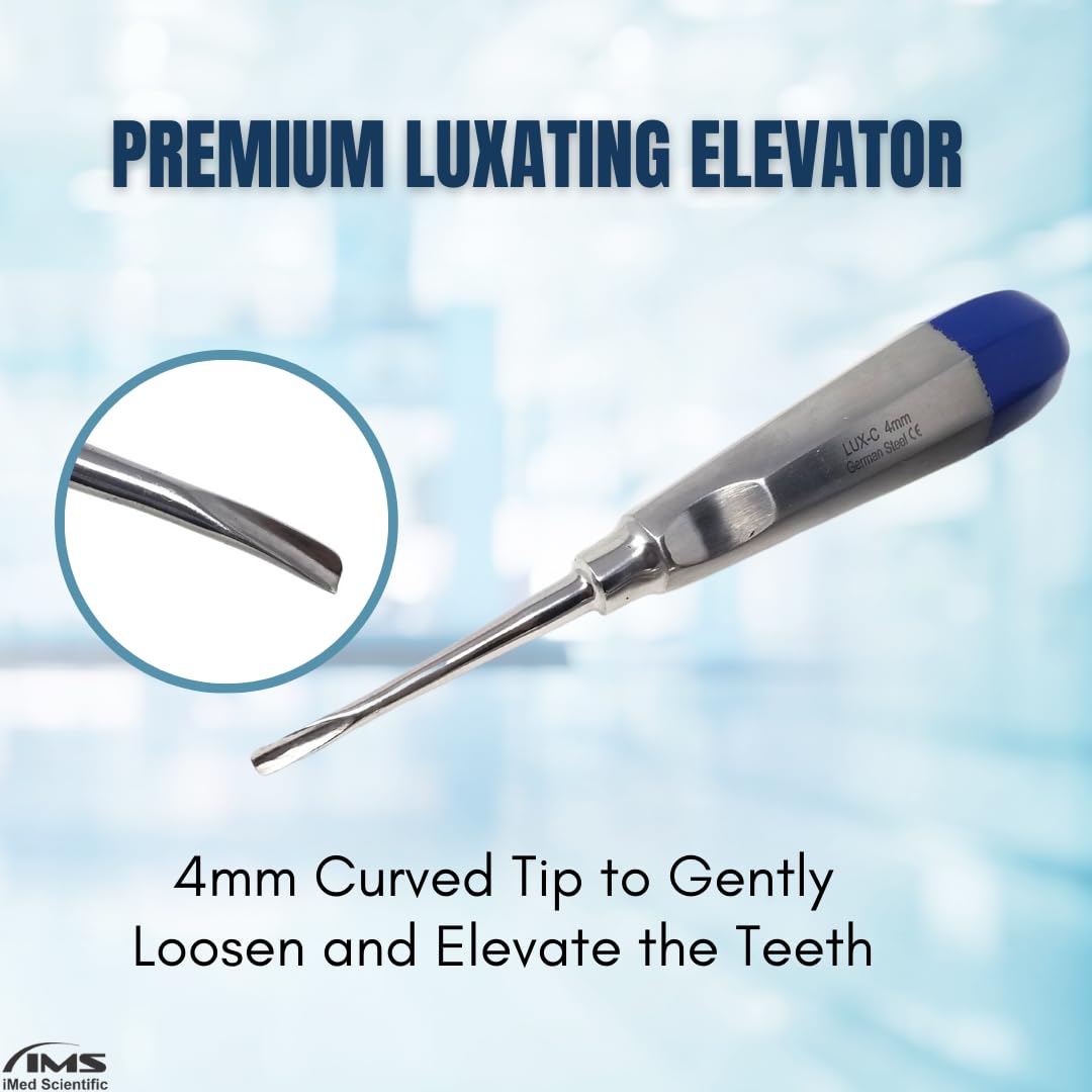 Dental Luxating Elevators with 4mm Straight & Curved Tips to Loosen Teeth Apical Root Tip Extraction Stainless Steel Orthodontic Tools in Color Bands for Easy Identification (4mm CRV - Blue)