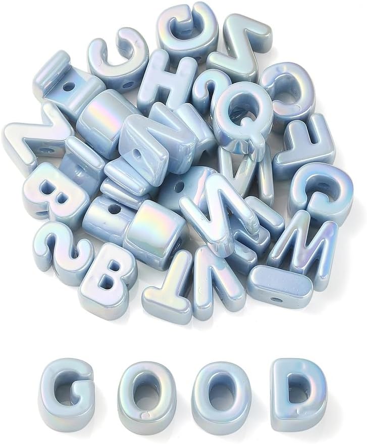 DanLingJewelry 90Pcs Random Light Sky Blue Large 26 A-Z Letter Beads UV Plated Iridescent Alphabet Beads for DIY Key Chains Bracelets Making