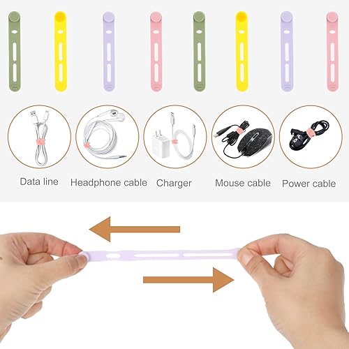 Miniatura 5 de Giantree 20 bridas elásticas para cables, organizador de cables ajustables de silicona para cables de carga, auriculares, computadora, escritorio,