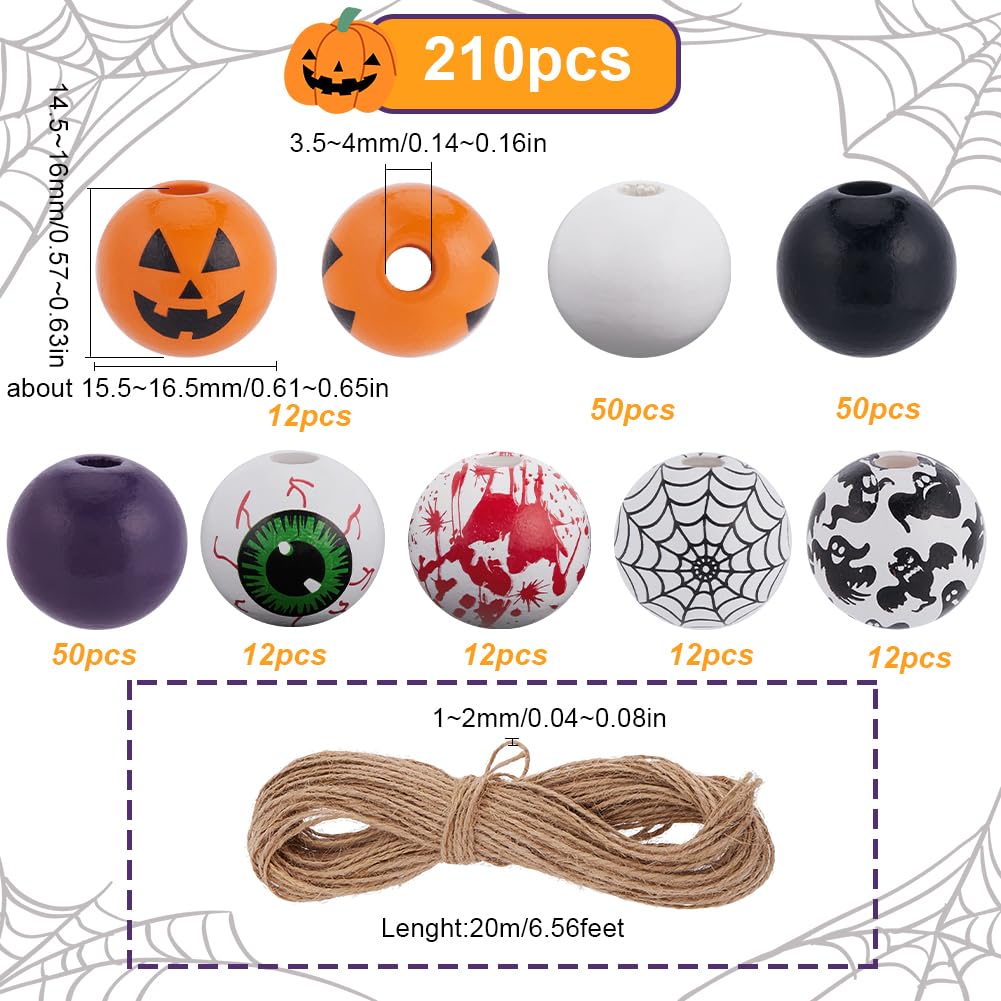 210 pz. Perline di Legno di Halloween Perline di Legno Natalizie Rotonde Perline Distanziatrici Ghirlanda Ornamenti Pendenti con Corda di Iuta per Creazione di Gioielli Forniture Fai Da Te Co