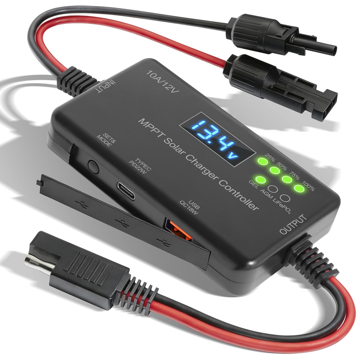 12V 10A MPPT Solar Charge Controller, with USB-C & USB Output for Phone Charging, LCD Display, Compatible with Gel/AGM/LiFePO4 Battery and Solar Panel, Multi-Protection Safe Charging-image-2