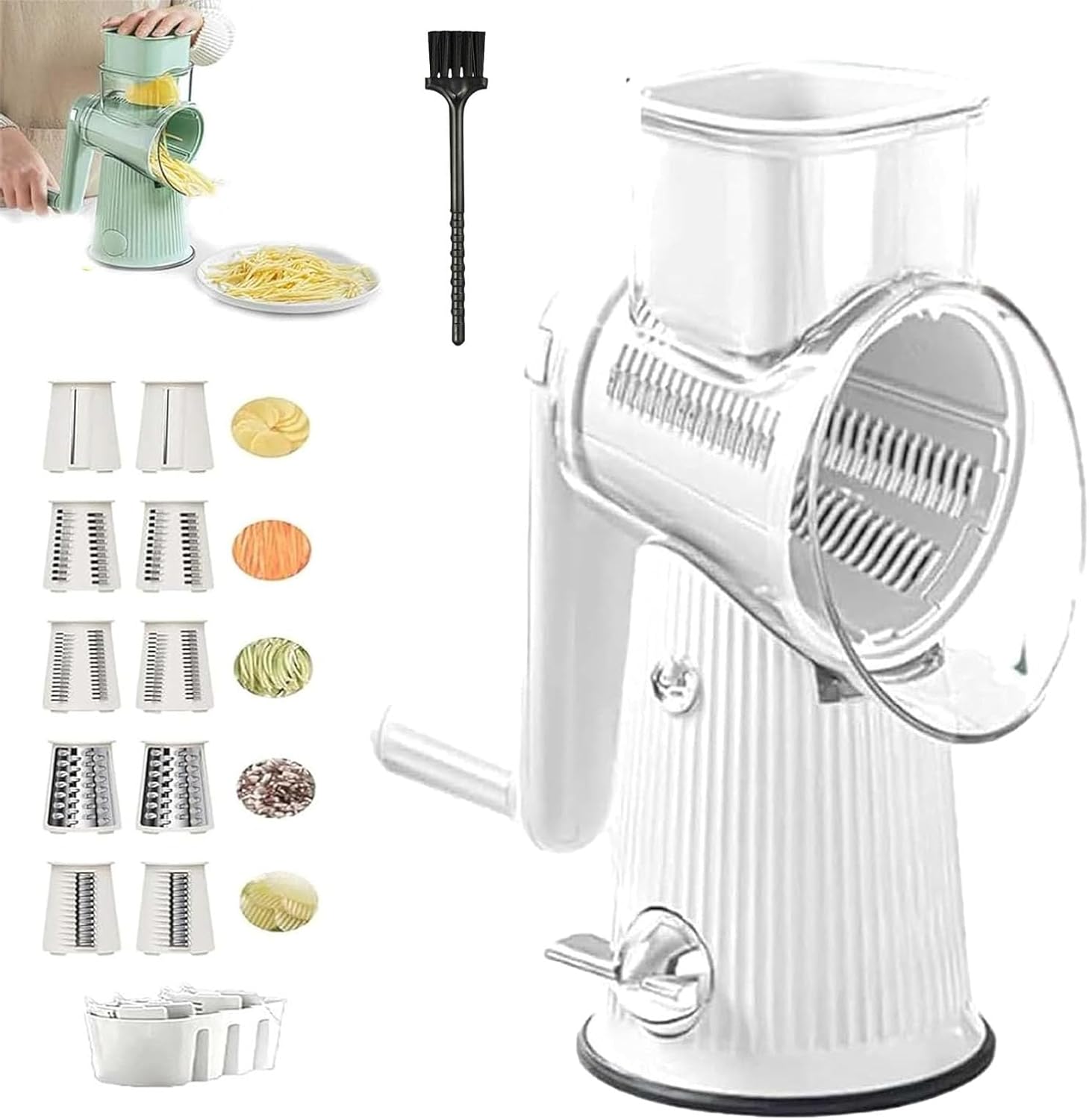 5 in 1 Round Slicer, Cheese Grater, for Kitchen with 5 Blades & Blade Storage Box & Strong Suction Base (White)