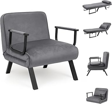 CROWNSHOP Folding Sofa Bed 4-in-1 Convertible Single Chair Bed Dark Gray | 6-Position Backrest and Pillow, Folding Sleeper Couch with Back Upholstered Seat Single Flip Chair for Living Room