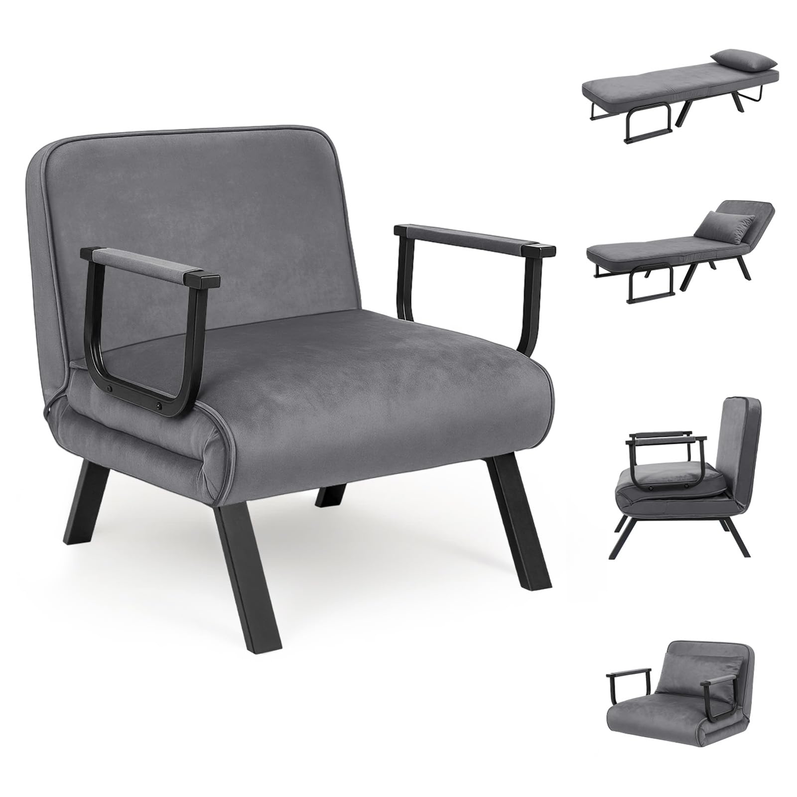 CROWNSHOP Folding Sofa Bed 4-in-1 Convertible Single Chair Bed with 6-Position Backrest and Pillow, Folding Sleeper Couch with Back Upholstered Seat Single Flip Chair for Living Room (Dark Gray) โ image 1