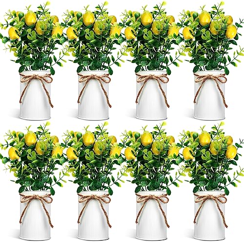 Teenyyou 8 Pack Faux Lemon Kitchen Decor and Accessories Metal Lemon Mason Jar Table Centerpiece Decor Lemon Decorations for Home Fake Potted Artificial Plant for Summer Tiered Tray Spring Farmhouse