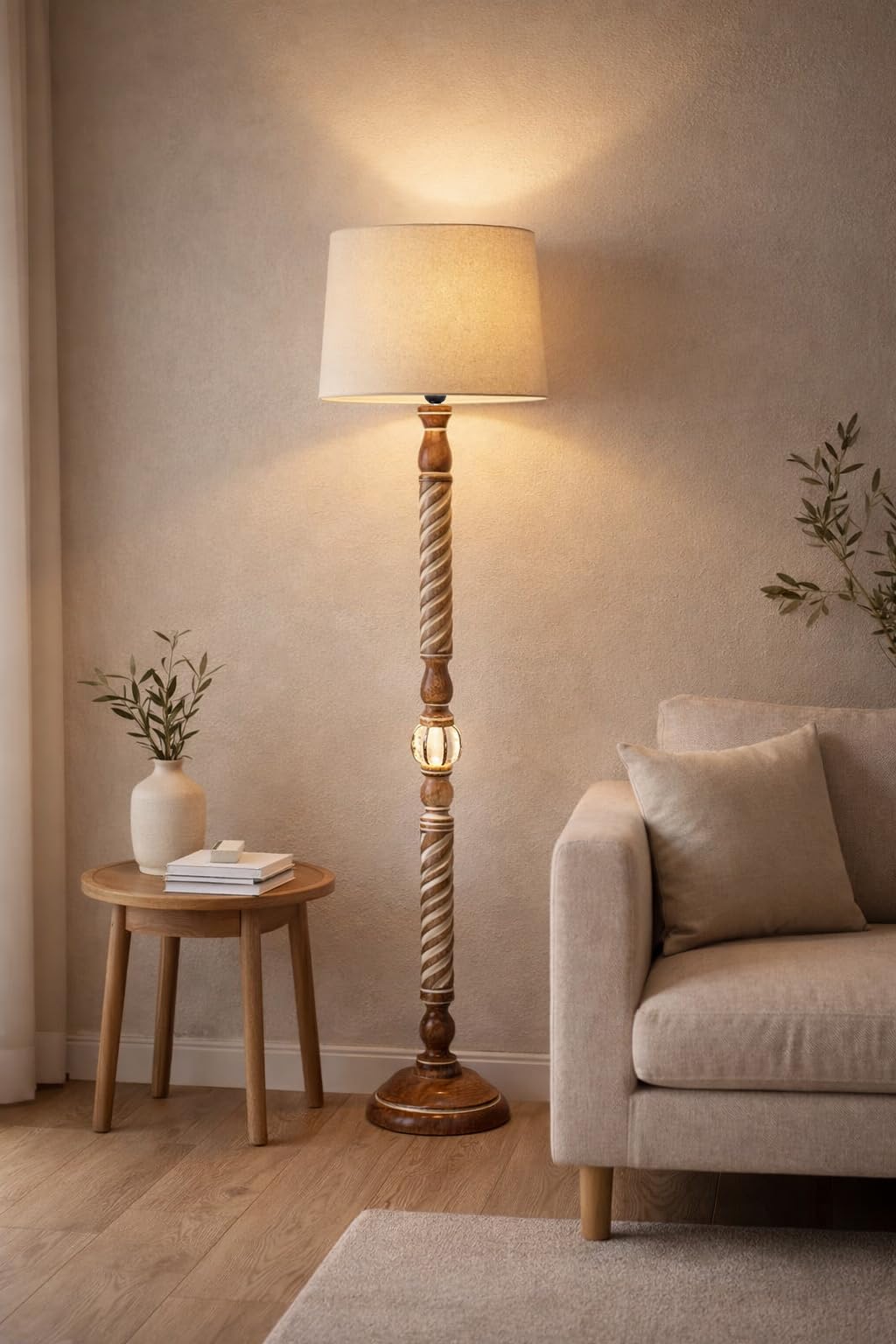 Homesake Floor lamp Long Wooden for Living Room | Night Lamp with Shade for Light Decoration | Antique Home Decor Items - Beige, Twister-picture-30