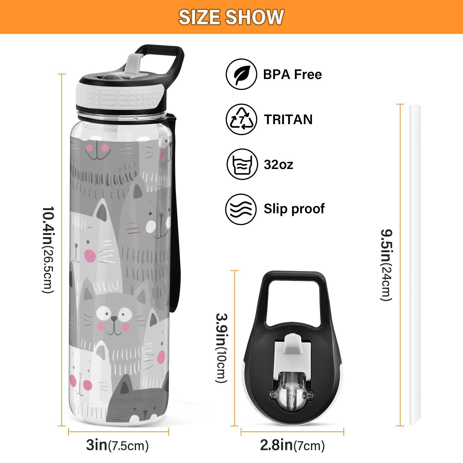 Mnsruu Transparente Sport-Wasserflasche mit Strohhalm, auslaufsichere Trinkflasche, buntes nahtloses Muster, Katzen, Fahrradflaschen für Sport, Büro, Schule, BPA-freier Tritan-Kunststoff, 1 Liter