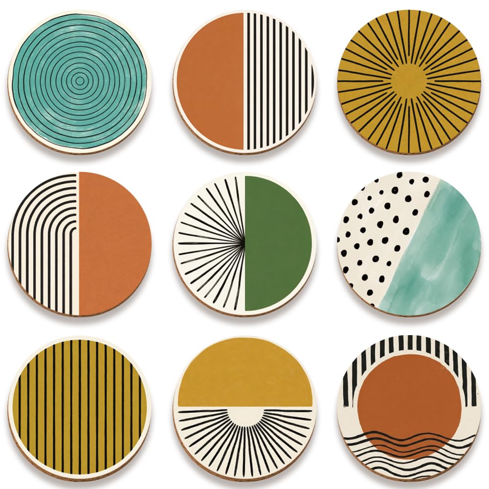 SUPERDANT 9Pcs Boho Wooden Coasters Colorful Circular Drink Coasters Gift Set for Coffee Table Dining Room Decor Housewarming Gift 10x10cm