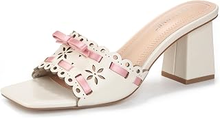 TEAFIRNE Women's High Heeled Sandals Square Toe Chunky Heel Mule Sandals Bow Adorned Breathable Open Toe Women's Shoes