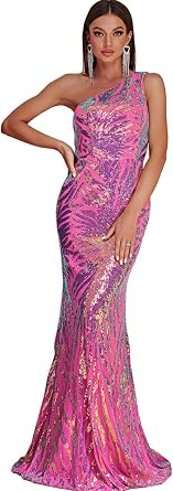 Giffniseti Womens One Shoulder Holographic Sequin Dresses Evening Gown Formal Prom Maxi Dress