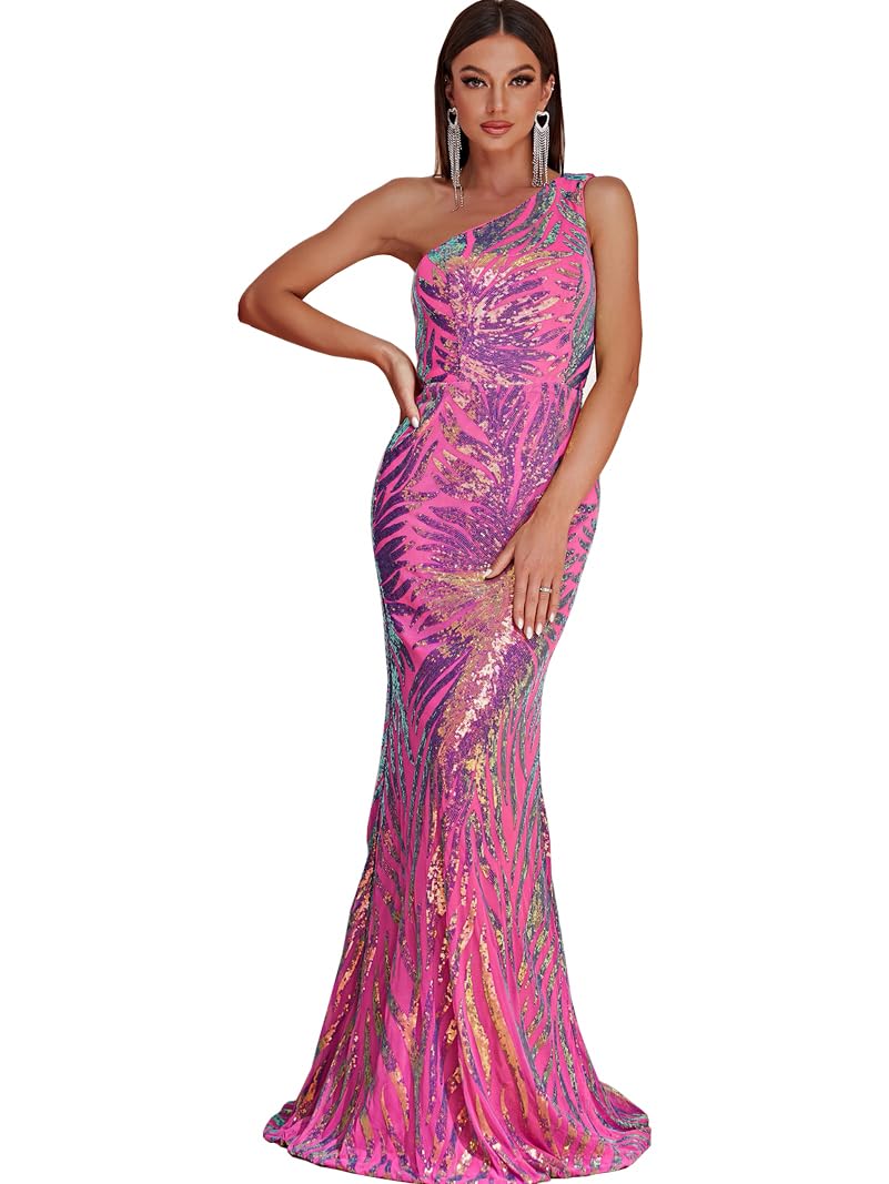 Giffniseti Women's One Shoulder Holographic Sequin Dresses Evening Gown Formal Prom Maxi Dress