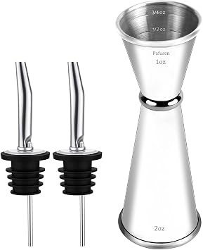 Pafusen Jigger للنادل مع 2 Pourers، Jiggers اليابانية مع 5 قياسات في الداخل، Jiggers 2 OZ 1 OZ، Shot Measure Jiggers، ملحقات أدوات النادل Bar Jigger، فضي، 1 Jigger + 2 Pourers