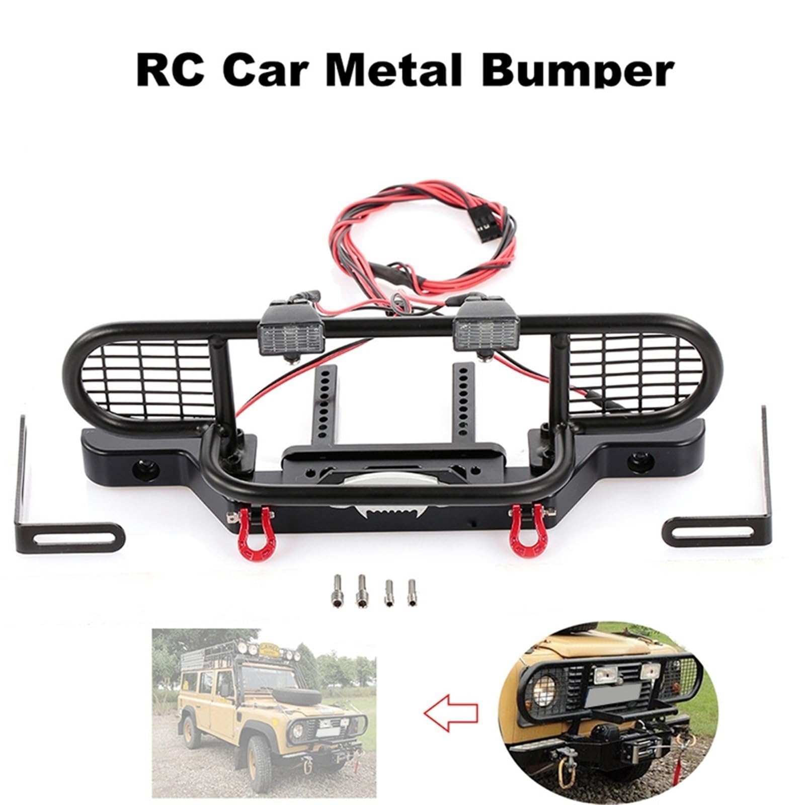 Paraurti RC per Traxxas per TRX-4 per Defender Paraurti Anteriore Metallo con Luci di Ricambio per Auto Cingolate RC 1/10