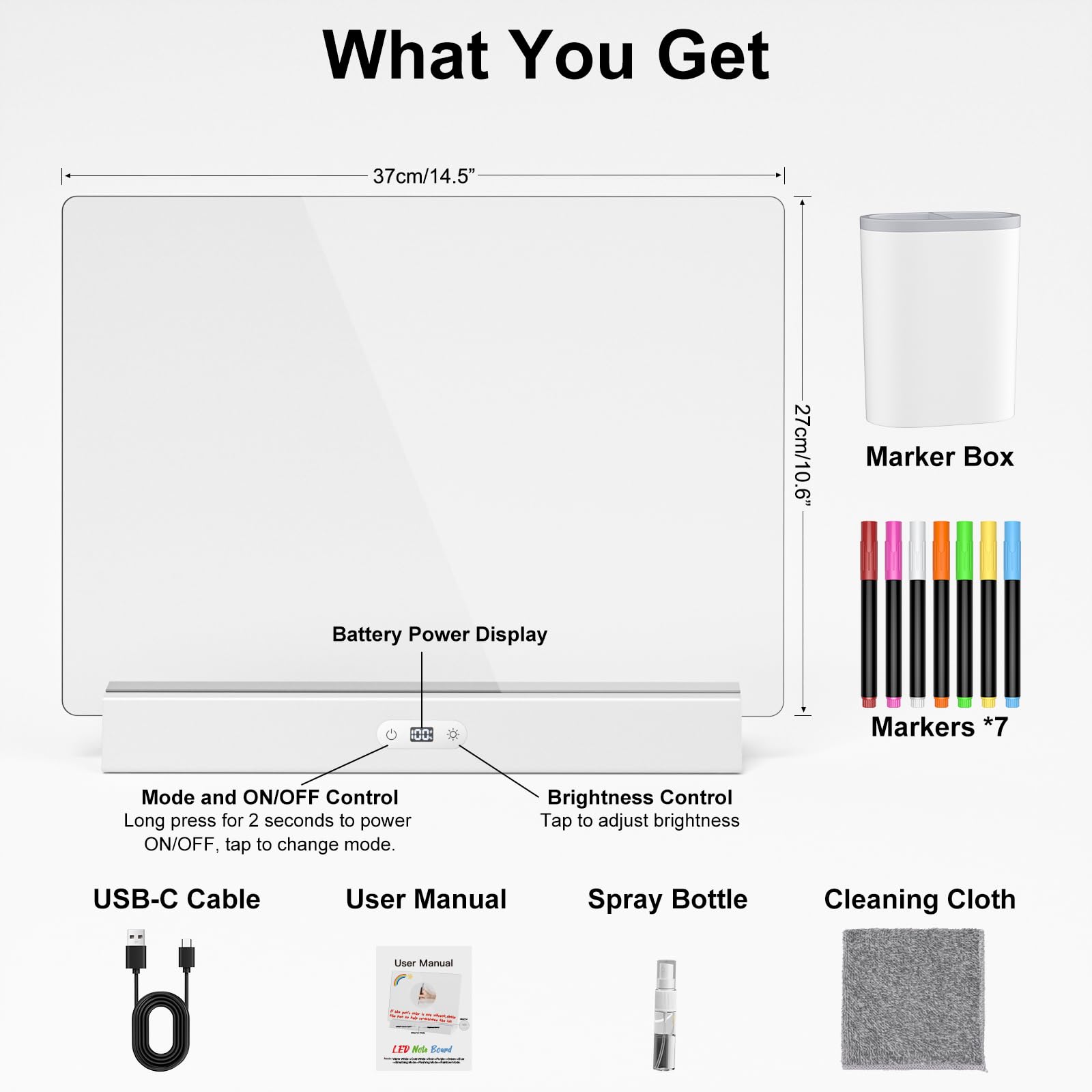 Tableau lumineux LED avec couleurs, Tableau blanc en acrylique rechargeable avec 9 modes d'éclairage, Tableau lumineux néon de 35x25 cm pour messages, mémos, dessins, Idéal pour la maison/chambre