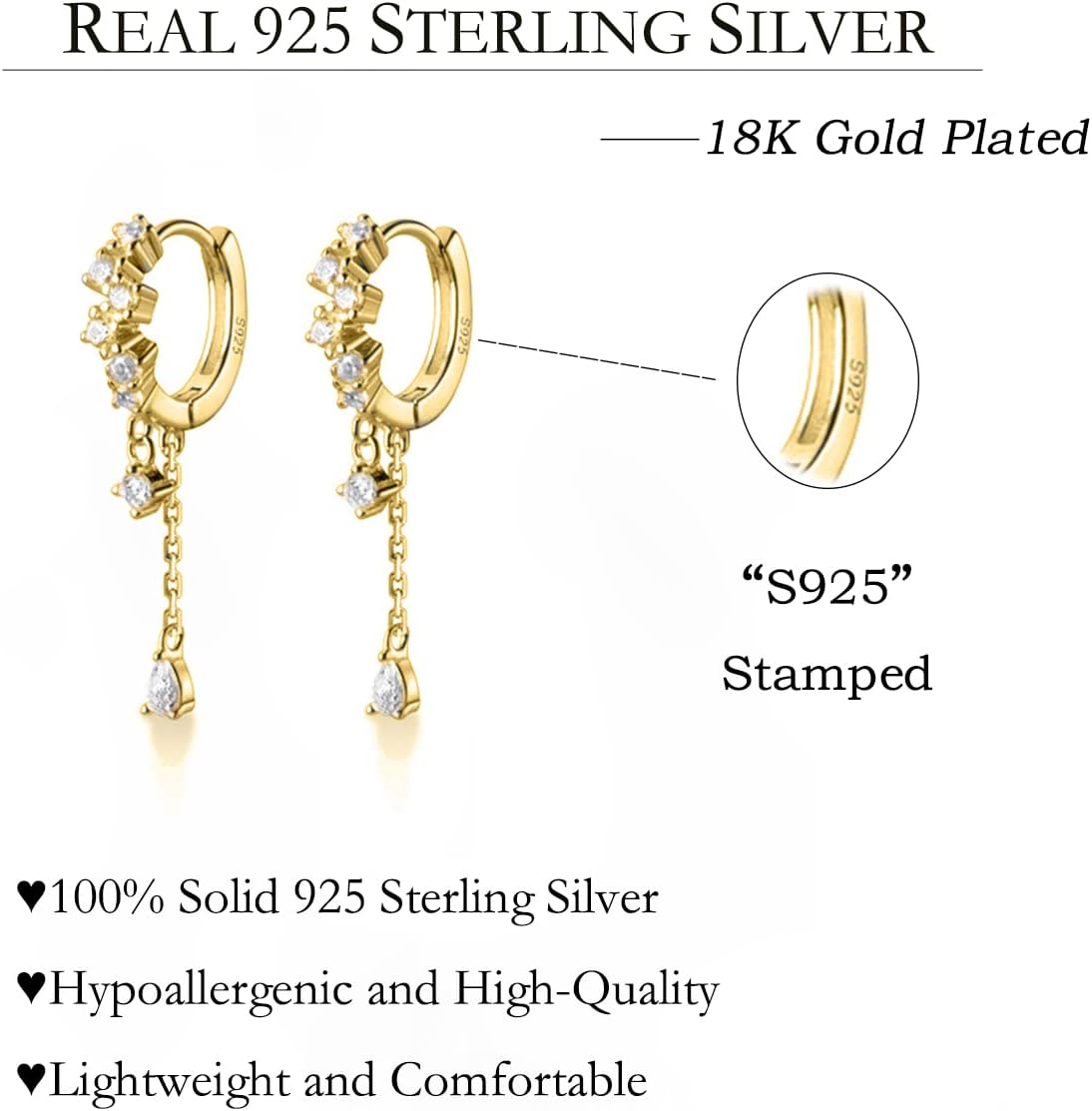 SLUYNZ 925 Sterling Silver CZ Hoop Earrings Dangle for Women Teen Girls Teardrop Huggie Earrings Drop Water Droplets Dangle Earrings Drop