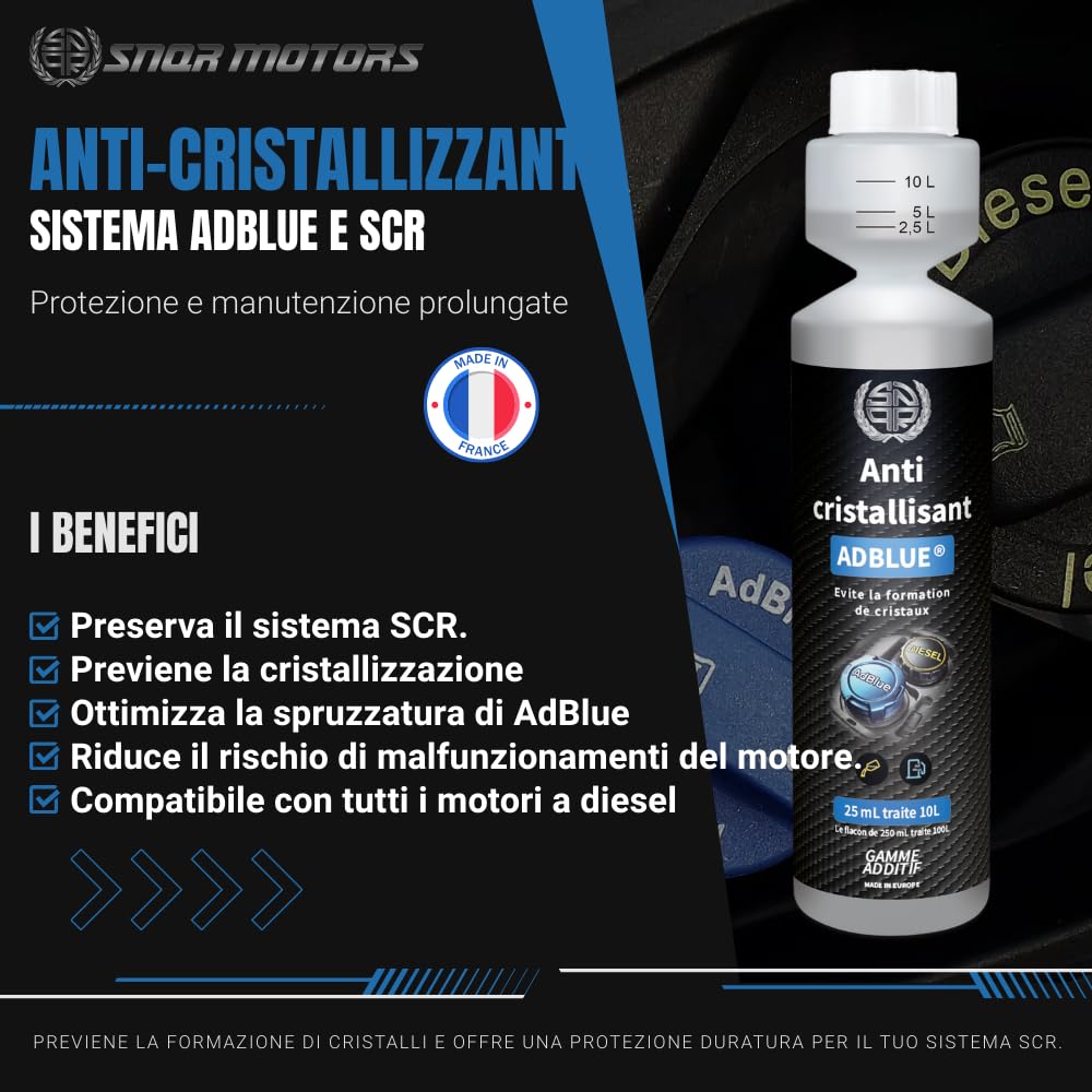Anti-Cristalli AdBlue Additivo - 250 ml - SNQR | SNQR-103 | Protegge Sistema SCR | Pulisce Iniettori Urea | 1 Flacone Tratta 100L | Auto e Camion Diesel