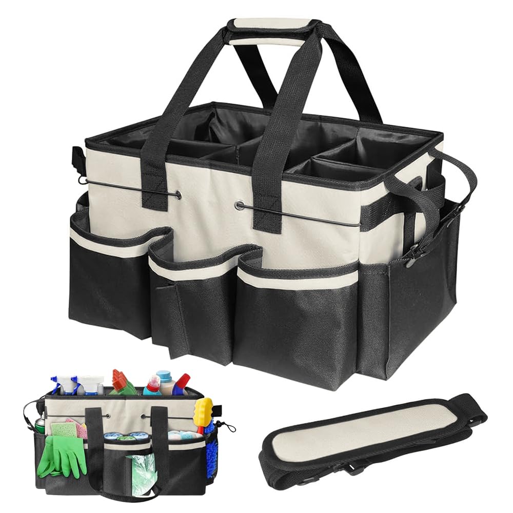 Hojalis Cleaning Caddy Bag with Handle, Foldable Large Cleaning Tote Bag Multi-Compartment with Detachable Divider, CleaningProducts Organiser, Adjustable CleaningProducts Caddy, for Home, Garden