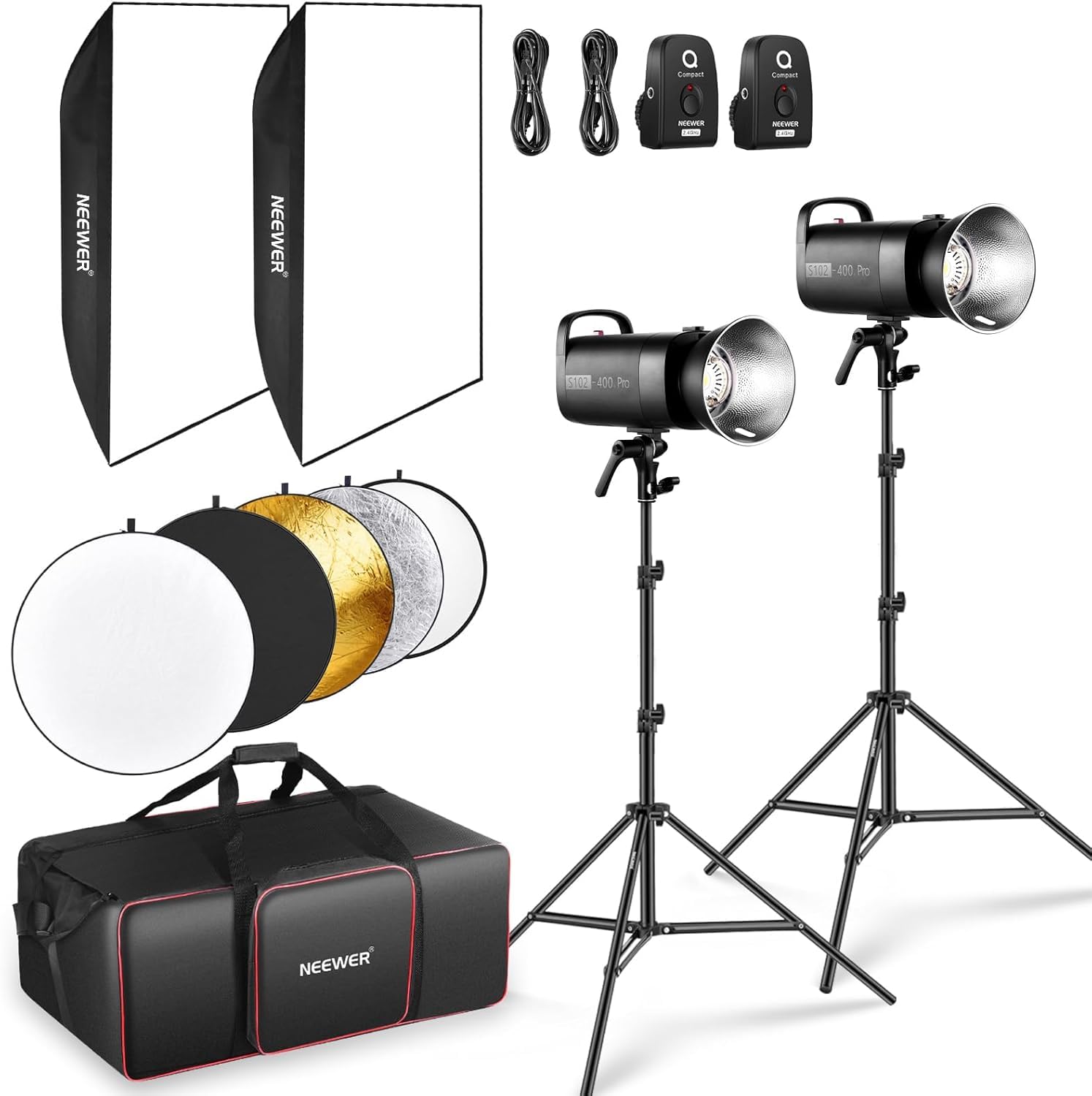 NEEWER S102-400W PRO lampa błyskowa zestaw (2 sztuki) z 2 wyzwalaczami 2 x 2,4 G, 2 x statyw świetlny do zdjęć, 2 x softbox, reflektor 5 w 1, torba, 400 W, GN62 5600 K 30 W, lampa regulacyjna LED