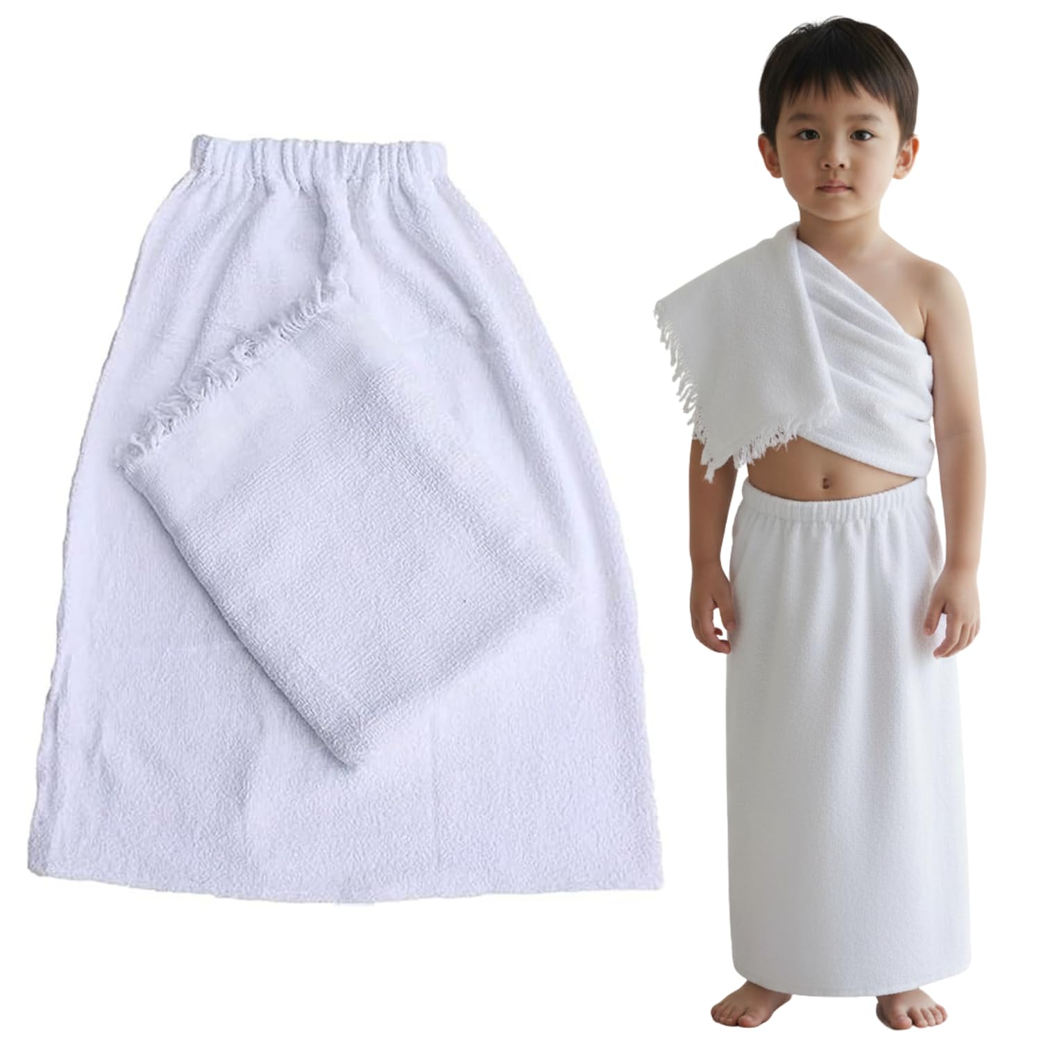 Premium Kids Ihram for Hajj & Umrah – 2 Piece 100% Pure Cotton Ehram Set with Elastic Waist, Soft Breathable Ahram Towels for Boys Age 1–2 & 4-6 Years, Lightweight Clothing White (4-6 Years)