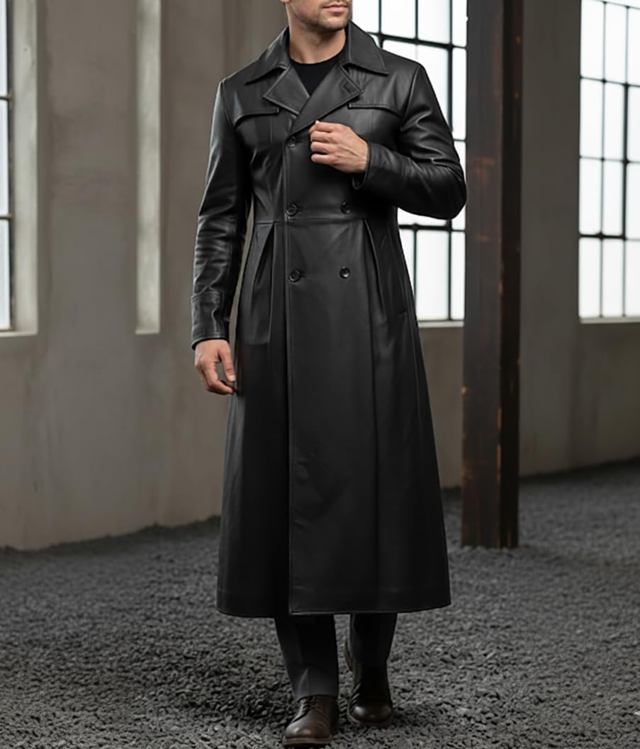 Black Leather Trench Coat - Men’s Genuine Vintage Lambskin Leather Full Length Classic Long Duster Overcoat