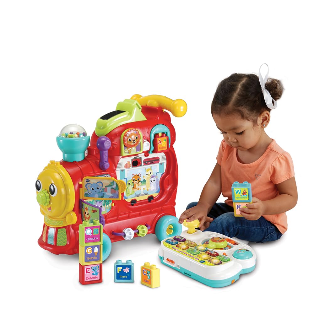 VTech Edo, Maxi Tren para Montar a Caballo, Tren eléctrico y Juguete multiactividad 7 en 1, Juego de Formas con más de 270 Sonidos, melodías y Bloques educativos, Idioma Italiano, Pilas Incluidas,