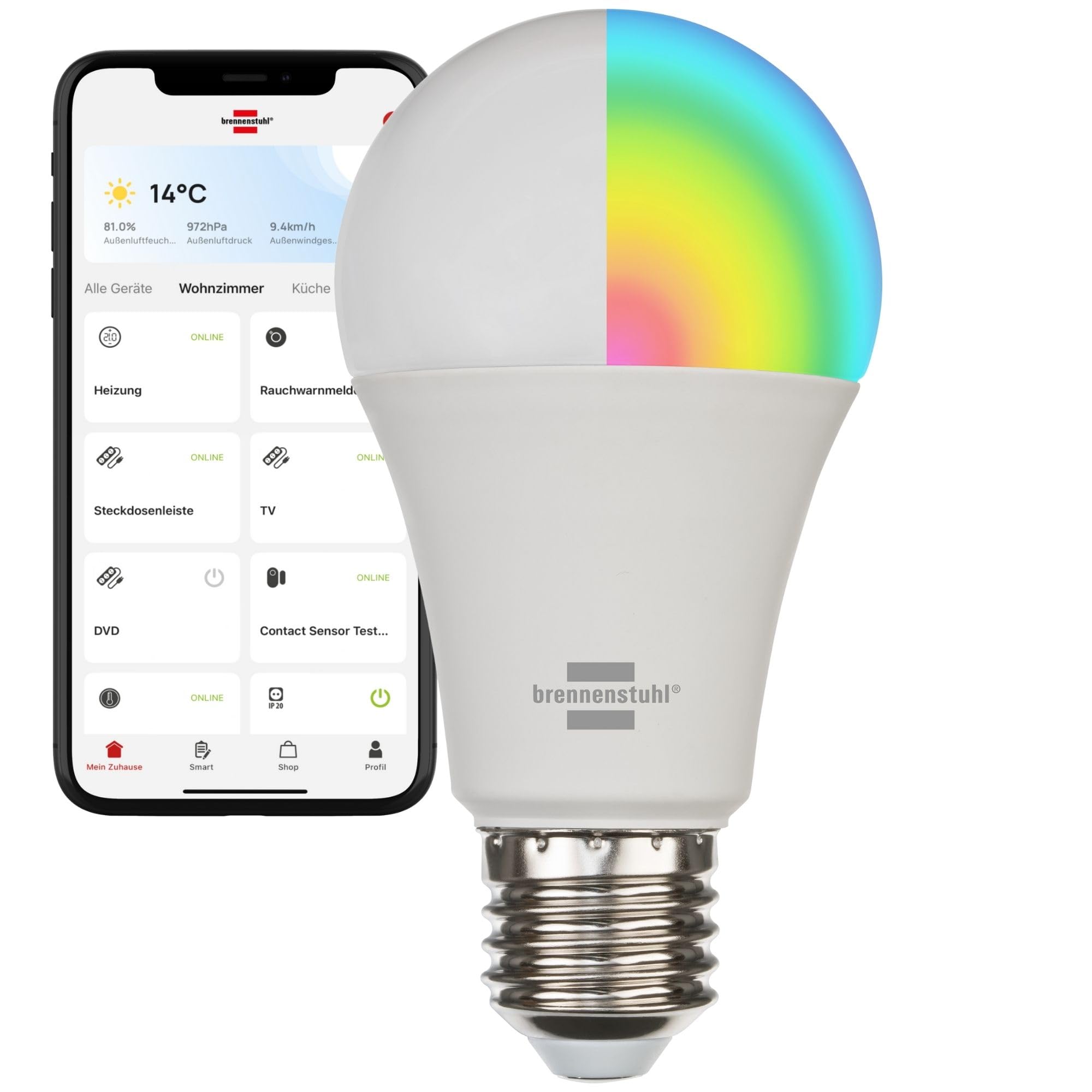 Brennenstuhl Connect WLAN LED Glühbirne SB 800 E27 (Kompatibel mit Alexa und Google Assistant, kein Hub notwendig, smarte Glühbirne 2.4 GHz mit kostenfreier App, 810lm, 9W)