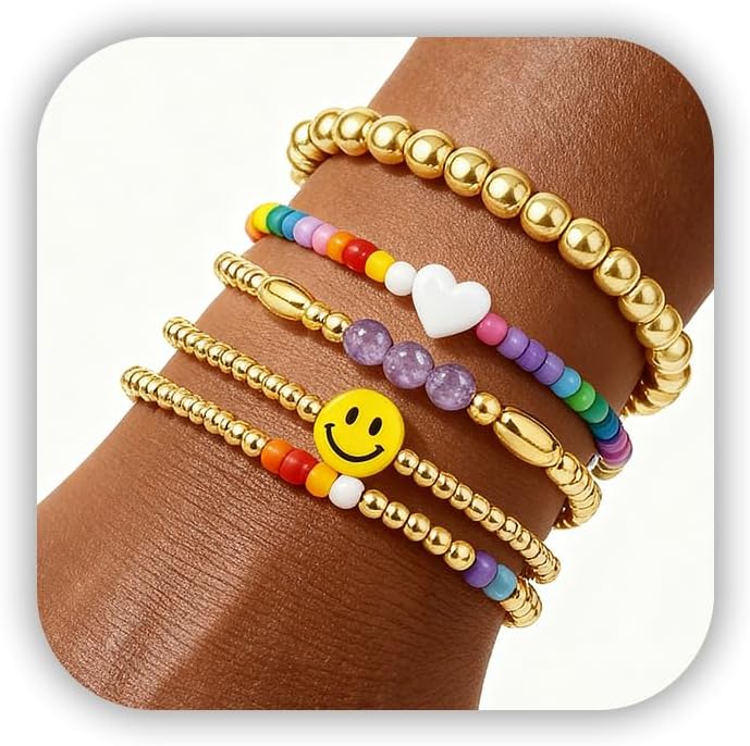 Gold Bracelets for Women Waterproof, 14K Gold Plated Beaded Cross Bracelets Set,Boho Stretch Bracelets Stackable Jewelry for Women Teenage Girls Jewelry Christmas Gifts