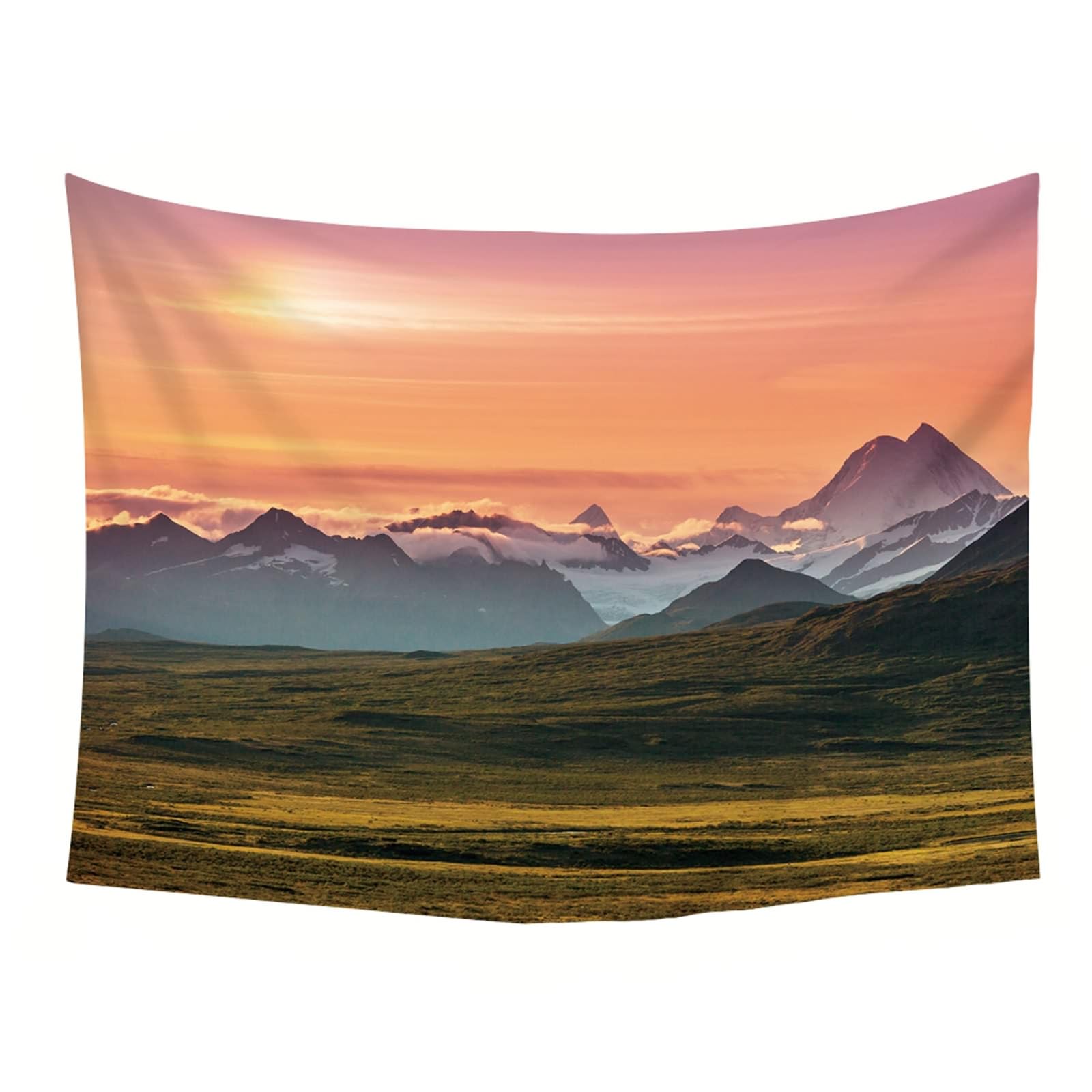 Gualiy Tapisserie Modern Neblig Berge, Wandbehang 260x240 Natur Landschaft Wandbehang für Schlafzimmer Wohnzimmer, Orange Grün
