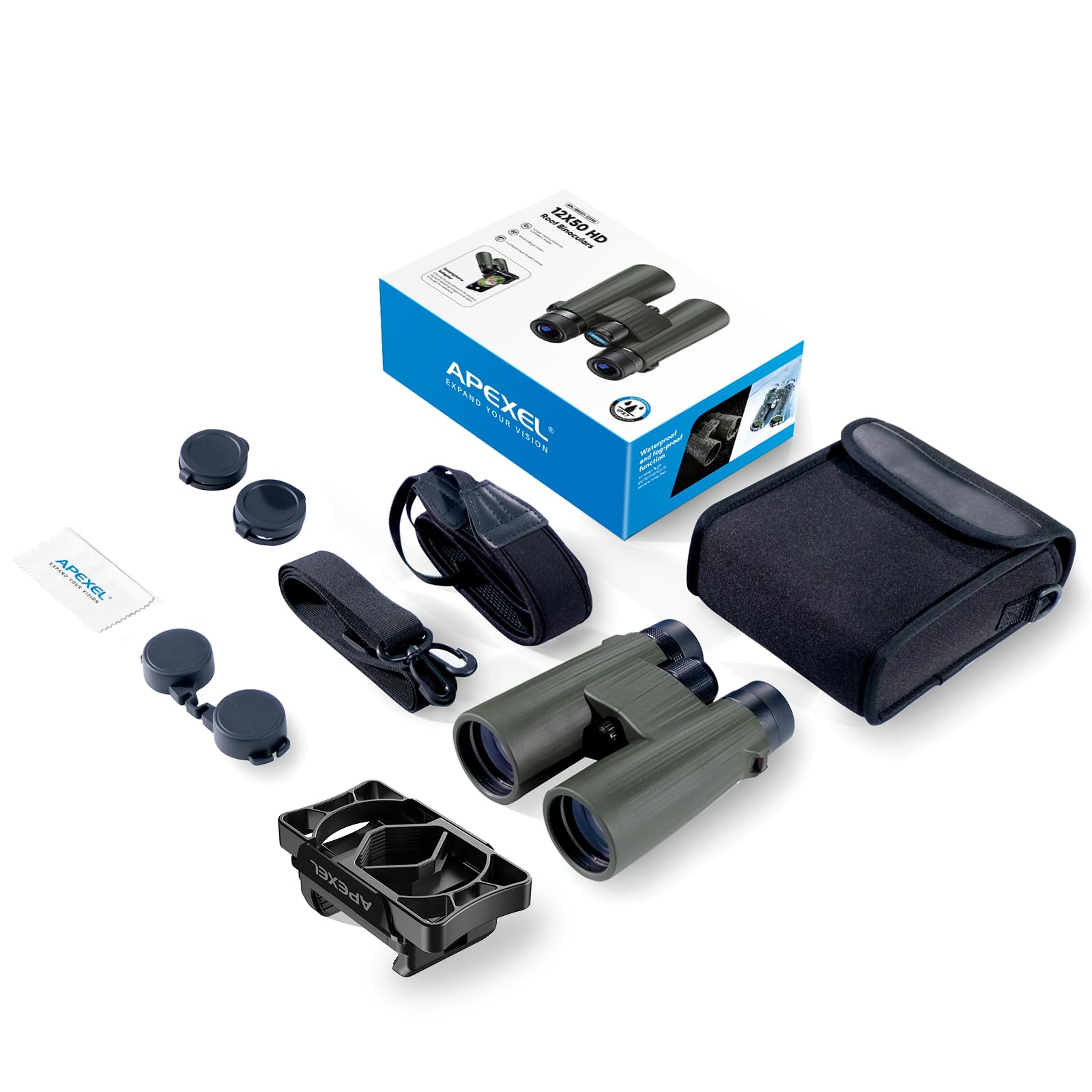 APEXEL 12X50 Prismáticos con Adaptador de Teléfono Móvil,Prismáticos Profesionales con Visión Nocturna,Impermeable IPX7 /BAK4/FMC para la Observación de Aves y Actividades al Aire Libre