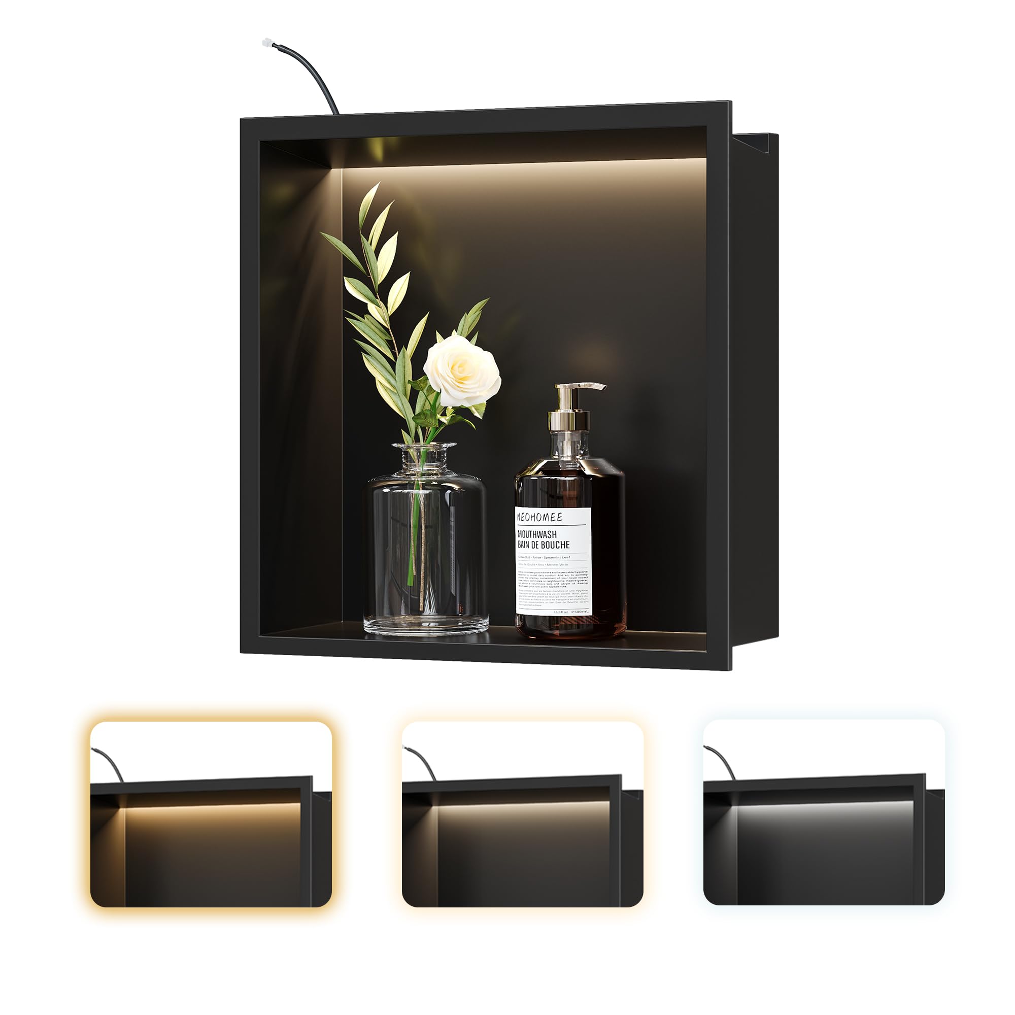 Neohomee Wall Recess Shower Stainless Steel with LED Lighting, Shower Niche Black Single Shelf Recessed Recess with Colour Temperature Setting, Storage for Bathroom, 30 x 30 cm