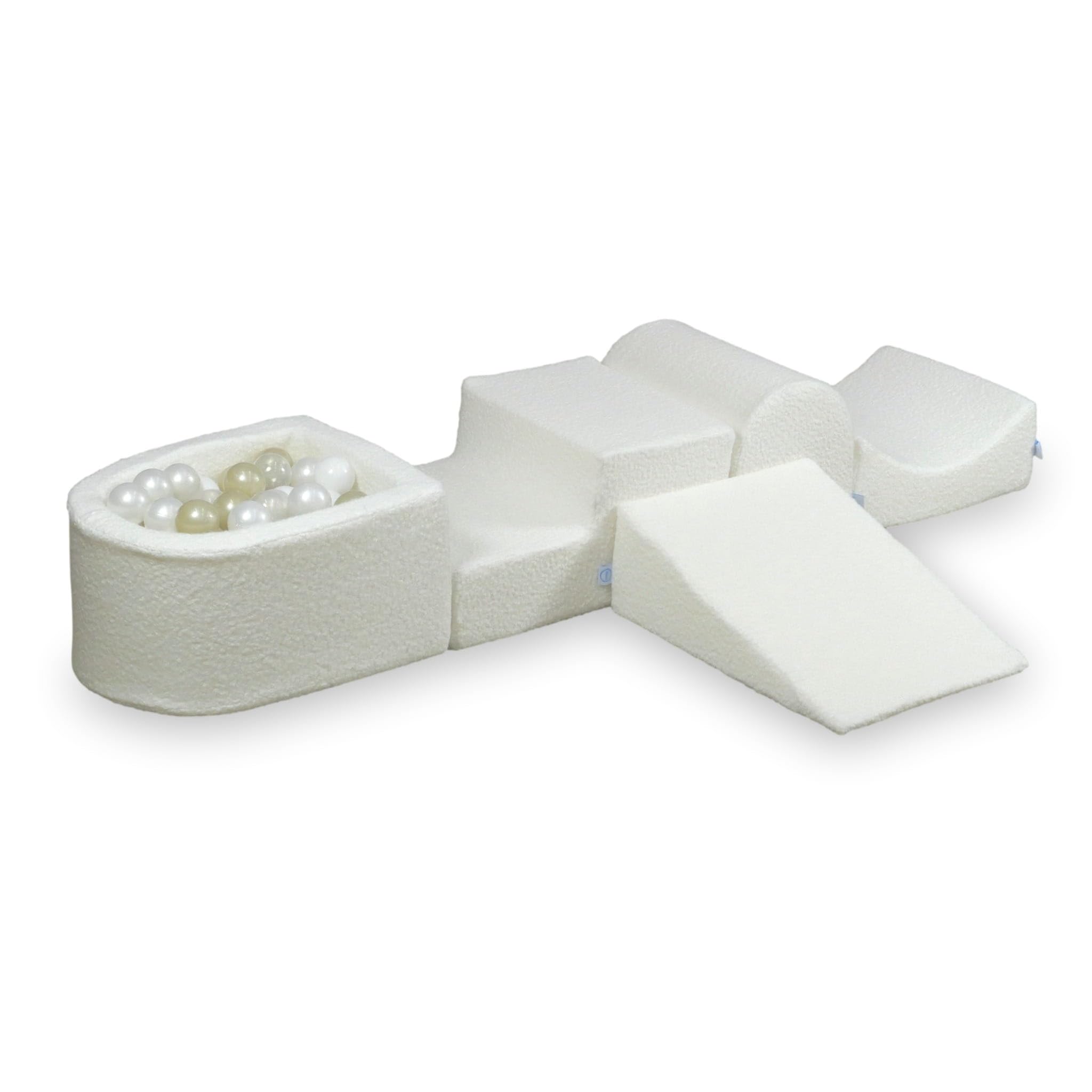Mimii Parco giochi in schiuma con collina e piscina con palline Bouclé, bianco, giocattolo da arrampicata per bambini e neonati, grandi mattoncini da costruzione per gattonare e arrampicare, 100
