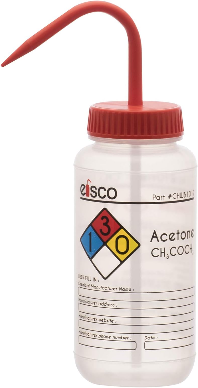 Eisco - 1 Pack Wash Bottle for Acetone, 500ml - Labeled with Color Coded Chemical & Safety Information - Wide Mouth, Self Venting, Low Density Polyethylene