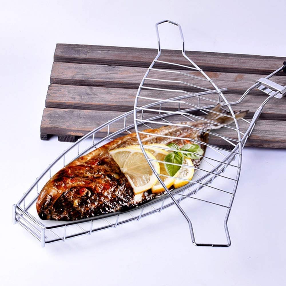Cesta para Parrilla de Barbacoa, asador de Pescado para Barbacoa, Acero Inoxidable a la Parrilla para una Barbacoa, Cesta para Parrilla, volteador con Mango de Madera