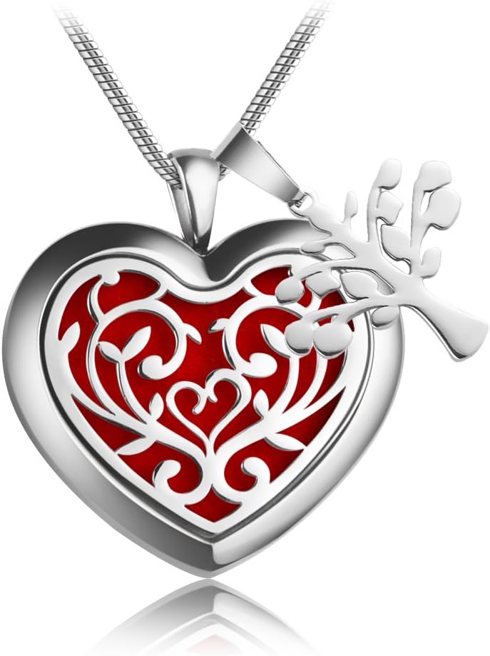 Aromatherapy Essential Oil & Diffuser Necklace Gift Set Heart Jewelry Premium Hypoallergenic Stainless Steel Perfume Pendant Locket Adjustable 23.6" Snake Chain With 10 Washable Pads (Love of Tree)