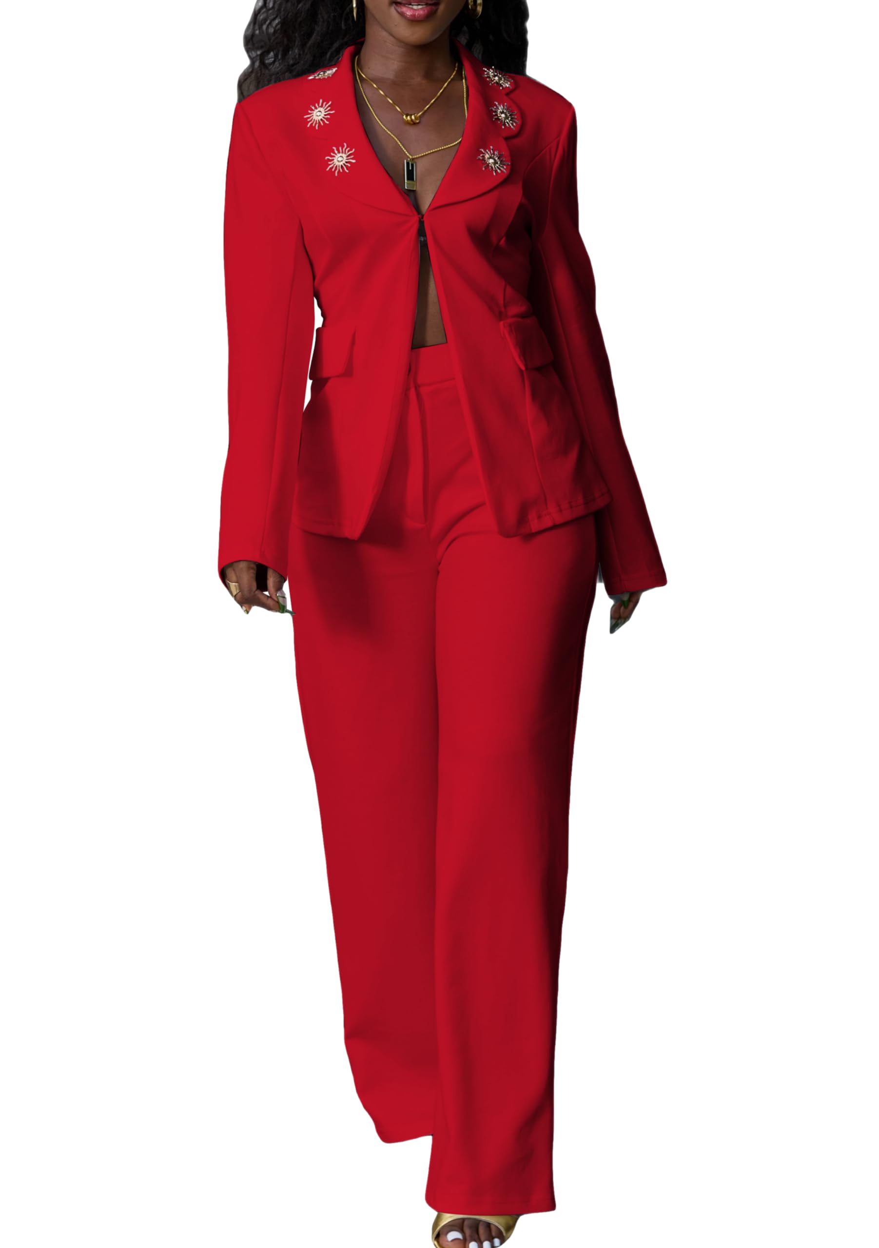 LROSEY Sexy Pants Suits for Women Dressy Business Blazer 2 Piece Outfits Long Sleeve Deep V Neck Suit