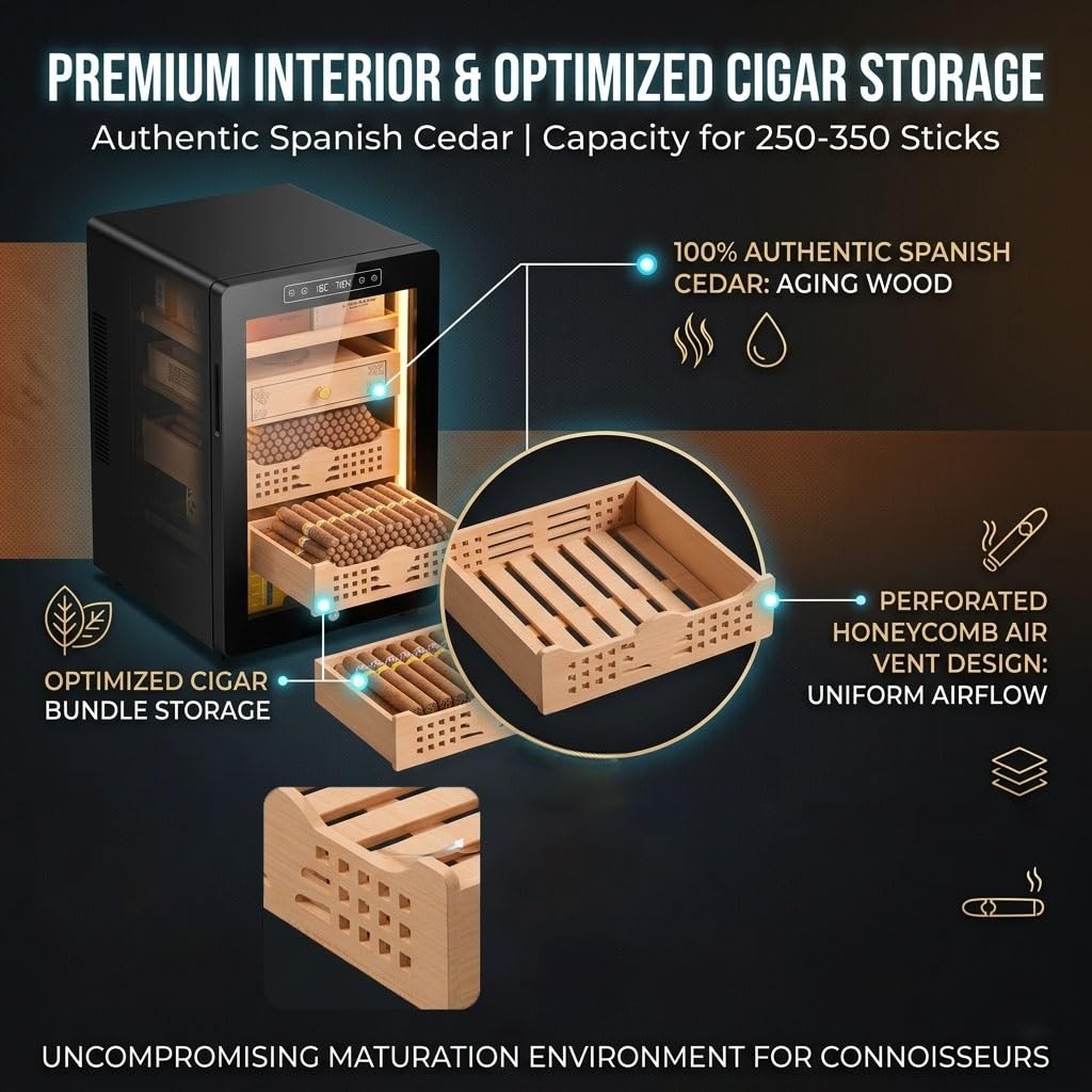 Professioneller Zigarren Humidor Schrank, 45L 52L Elektrisch für 250-350 Zigarren, Kompressor und PTC Heizung, Konstantes Klima System, Spanisches Zedernholz(45L,220V)