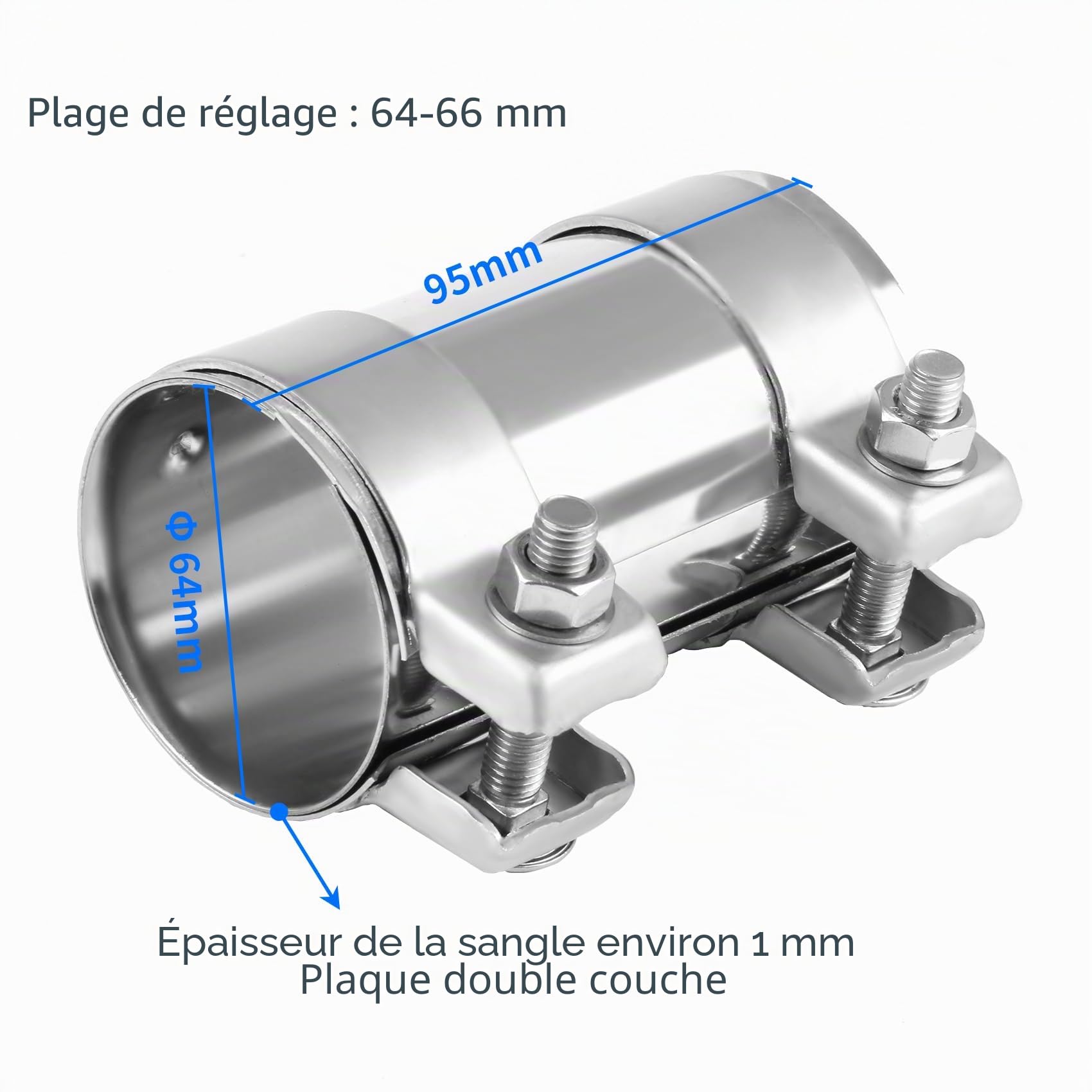 DOCAS Ø 64 mm x 95 mm longueur Collier inoxydable d'échappement de Universal,Collier de Serrage Double pour Raccords de Pot D'échappement(2 pièces)