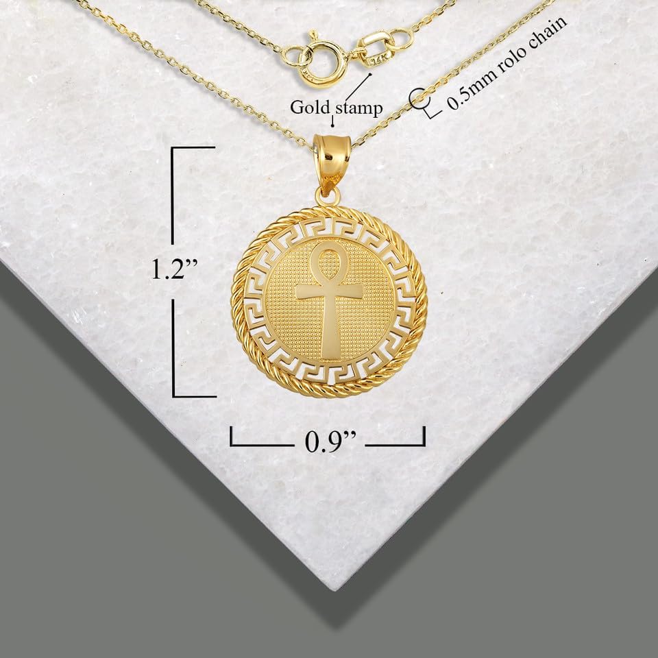 古代エジプト アンクのお守り ギリシャキーロープコインペンダントネックレス ファインロチェーン付き 本物