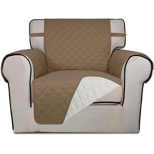 PureFit Reversible Quilted Sofa Cover, Water Resistant Slipcover Furniture Protector, Washable Couch Cover with Non Slip Foam and Elastic Straps for Kids, Dogs, Pets (Chair, Camel/Ivory)