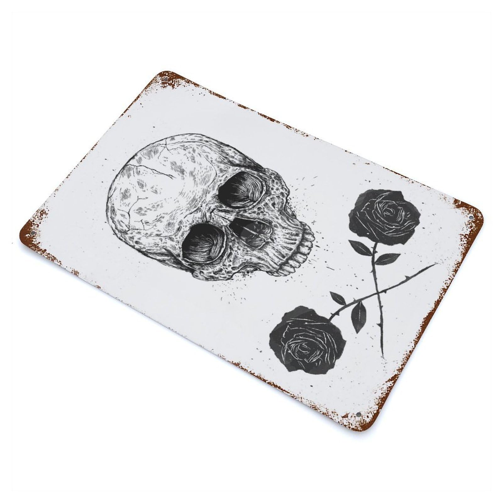 Skull N Roses Vintage Wall Sign 11.8"x7.9", Rust Effect Metal Decor for Office, Studio And Wall Decor