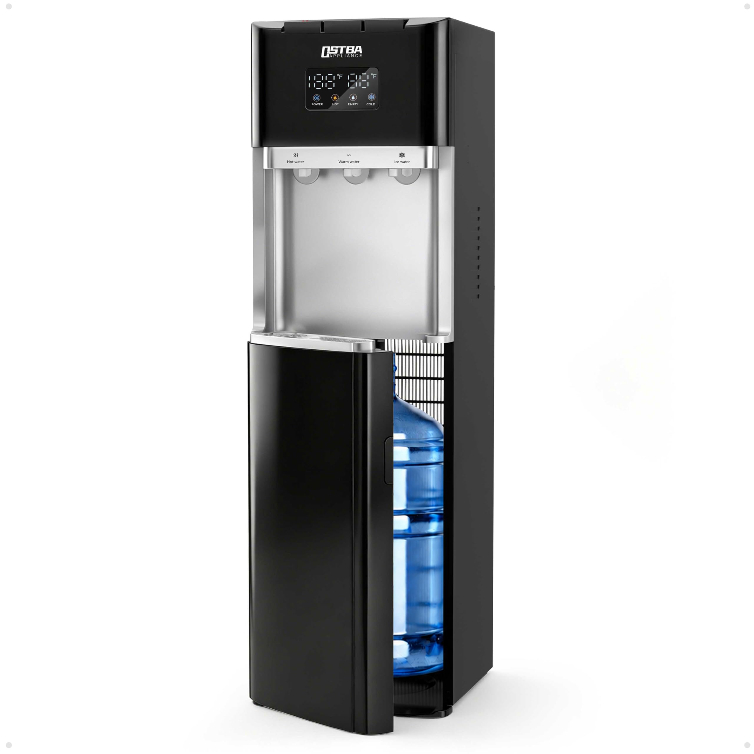OSTBA Distributeur de refroidisseur d'eau à chargement par le bas pour bouteilles de 10 et 15 litres, eau chaude, froide et ambiante, affichage LED, verrouillage de sécurité enfant, distributeur d'eau