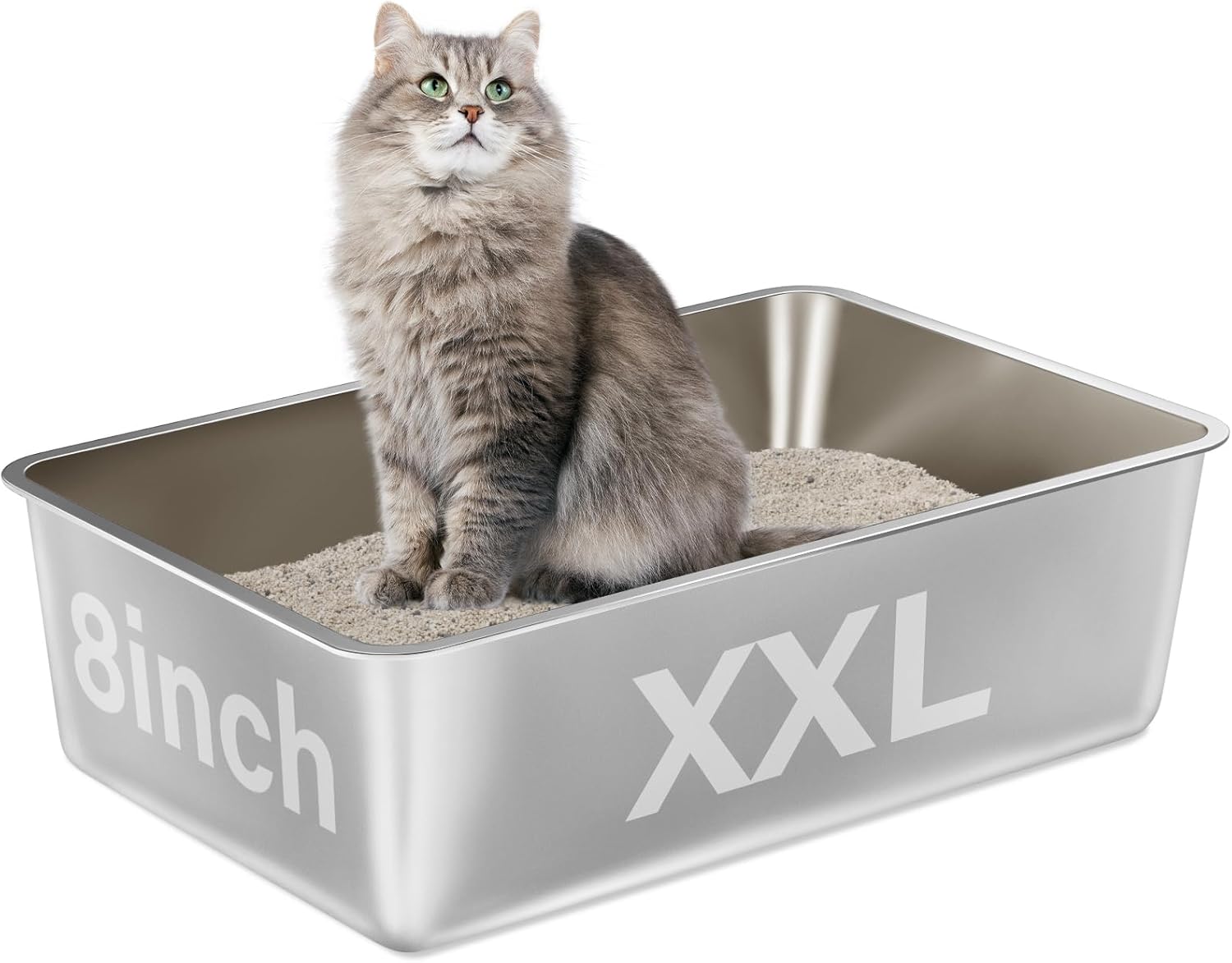 Stainless Steel Cat Litter Box,XXL Metal Litter Box for Big Cats 8IN Deep, Metal Pet Toilet Easy to Clean,High Sided Litter Boxes-Cat Litter Pan for Adult Cats,Non Stick, No Smell 23.6" L x 15.7" W x 8" H