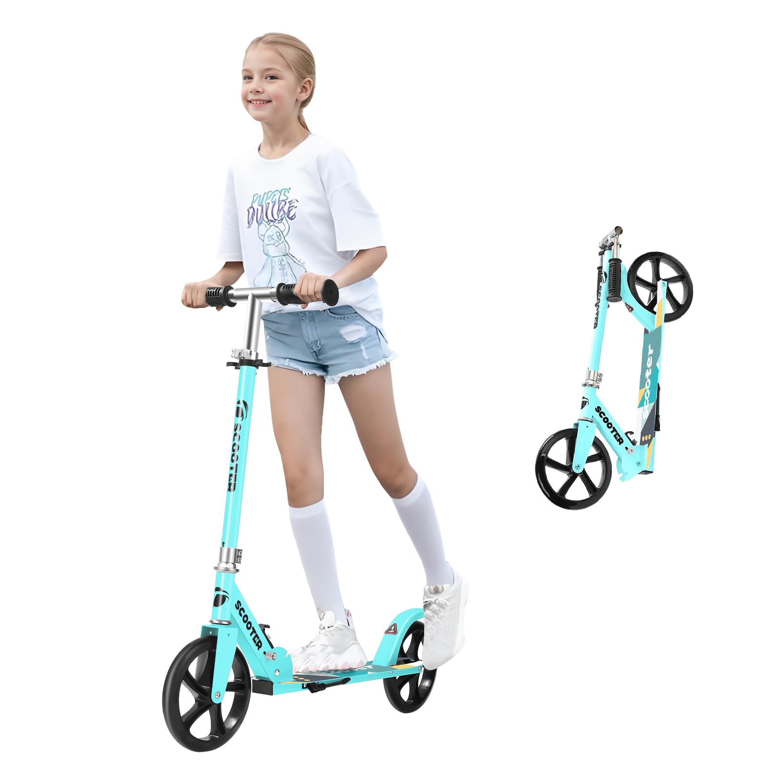 Scooter for Kids Ages 8-12,Adjustable Foldable with Carry Strap and Rear Brake|200mm Big Wheels City Scooter for Kids Ages 6+ (Blue)