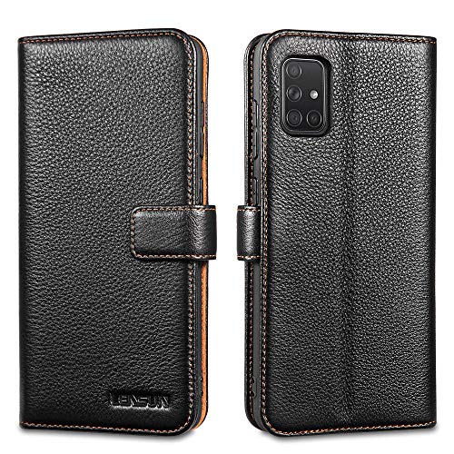 LENSUN Echtleder Hülle für Samsung Galaxy A71, Leder Handyhülle Kartenfächer Handytasche Lederhülle kompatibel mit Samsung Galaxy A71(6,7 Zoll) u0096 Schwarz(A71-LG-BK)