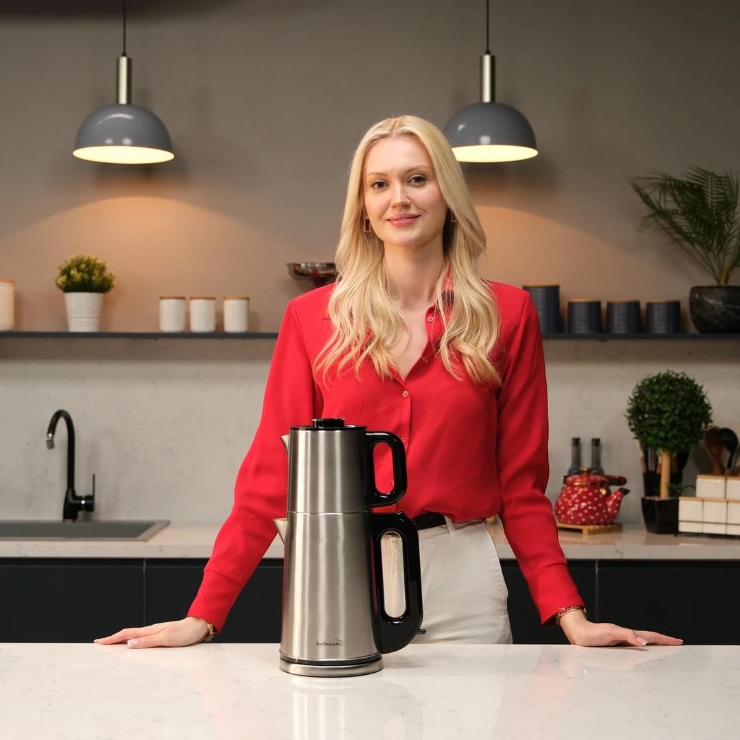 Dem Efendi Teekocher – 2,0L + 1,0L, 1800W, Edelstahl Teemaschine, Warmhaltefunktion, 360° Basis, Türkischer Teekocher