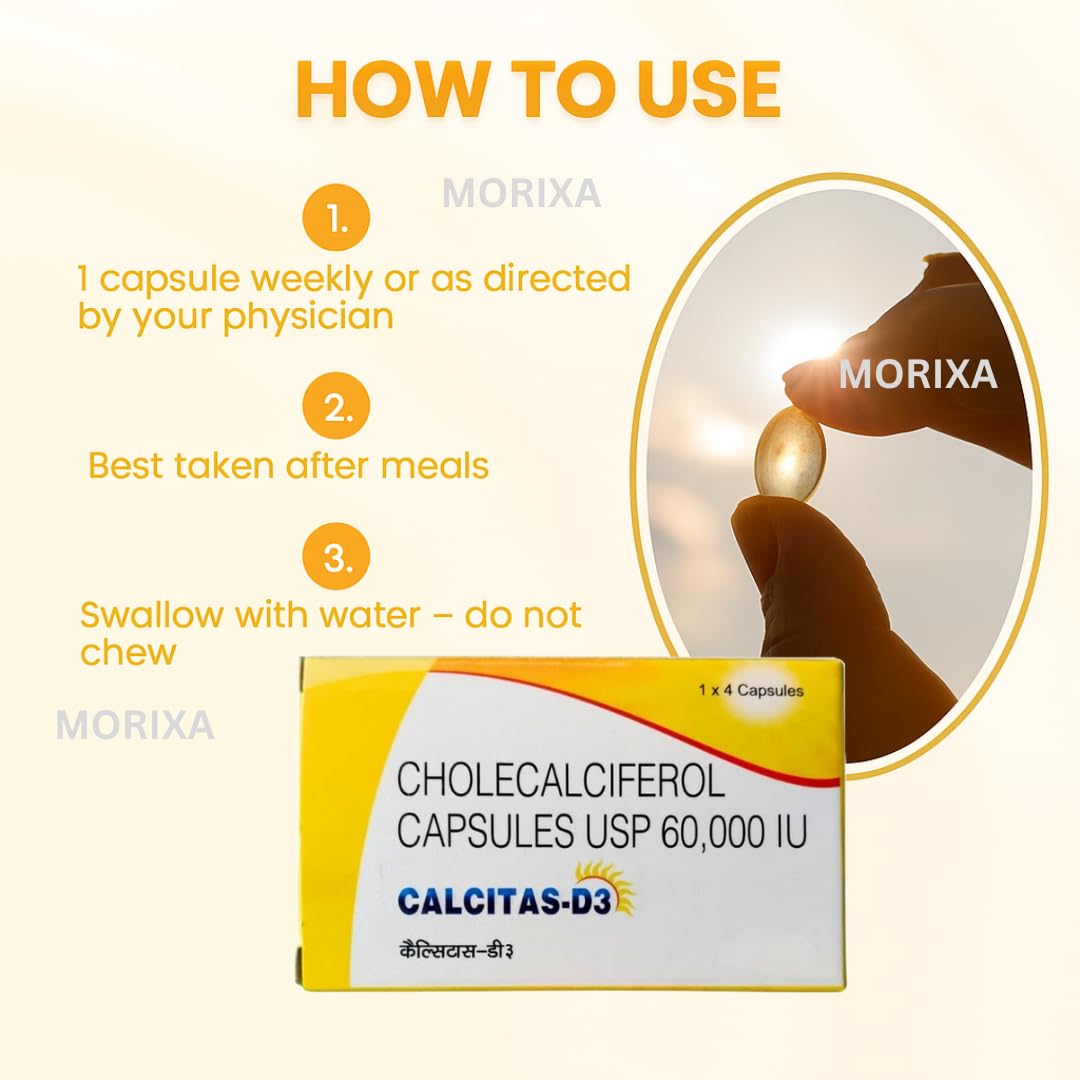 MORIXA Calcitas D3 Capsule | Vitamin D3 60000 IU Cholecalciferol Supplement | Supports Bone, Teeth, Muscle & Immunity Health | 5 Strips x 4 Capsules (20 Capsules) 1