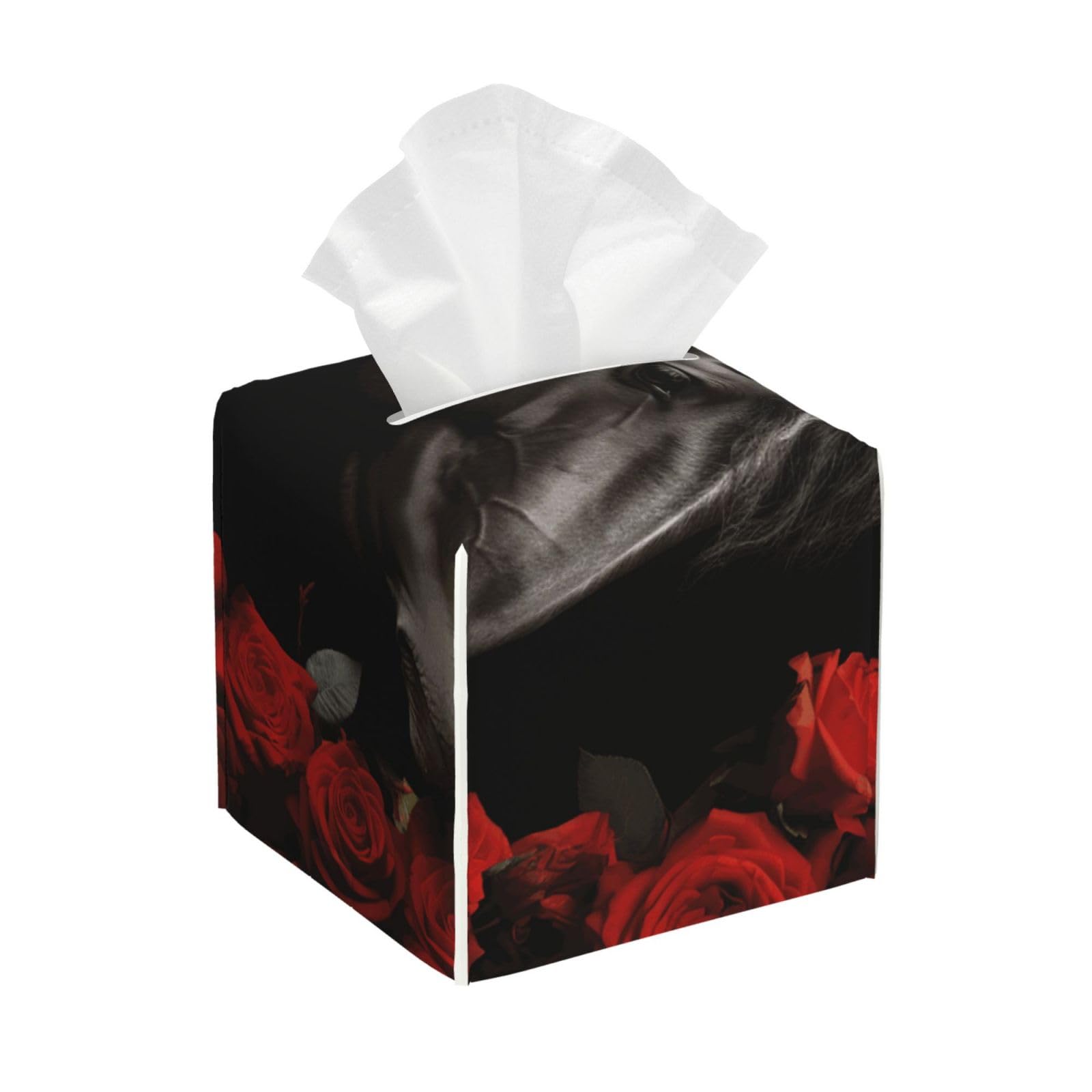 Pu Leather Cube Tissue Box Holders Modern Waterproof Square Tissue Box Cover Black Horse On A Background of Red Roses Facial Paper Holder for Bathroom Kitchen Nightstand Office Home Decor