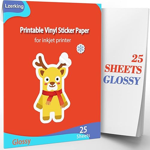 Lzerking - Papel adhesivo de vinilo imprimible para impresora de inyección de tinta - 25 hojas de papel adhesivo impermeable autoadhesivo de color
